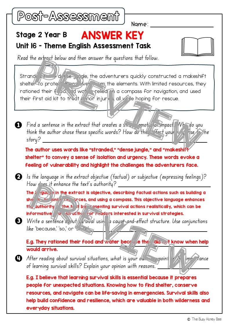 Stage 2 Year B English Pre- and Post-Assessment Unit 16 Theme - Assessment