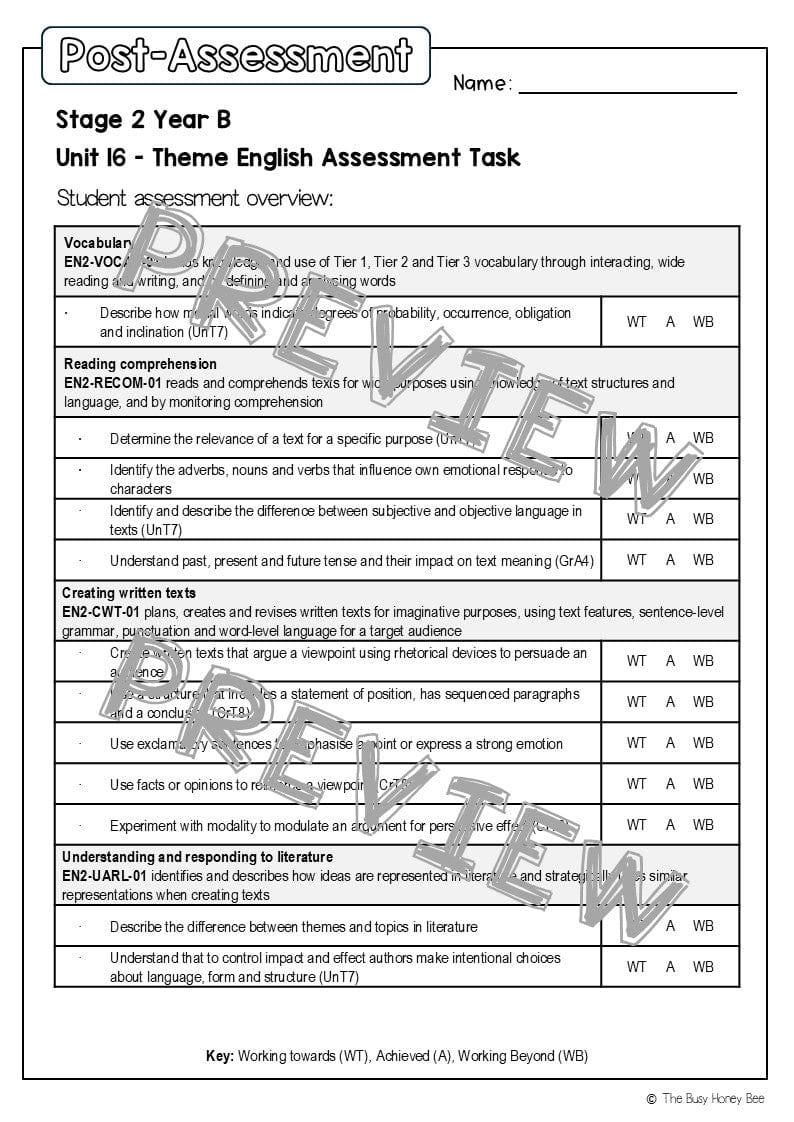 Stage 2 Year B English Pre- and Post-Assessment Unit 16 Theme - Assessment