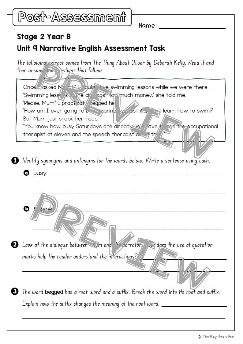 Stage 2 Year B English Pre- and Post-Assessment Unit 9 Narrative - Assessment