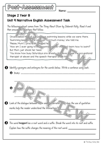 Stage 2 Year B English Pre- and Post-Assessment Unit 9 Narrative - Assessment