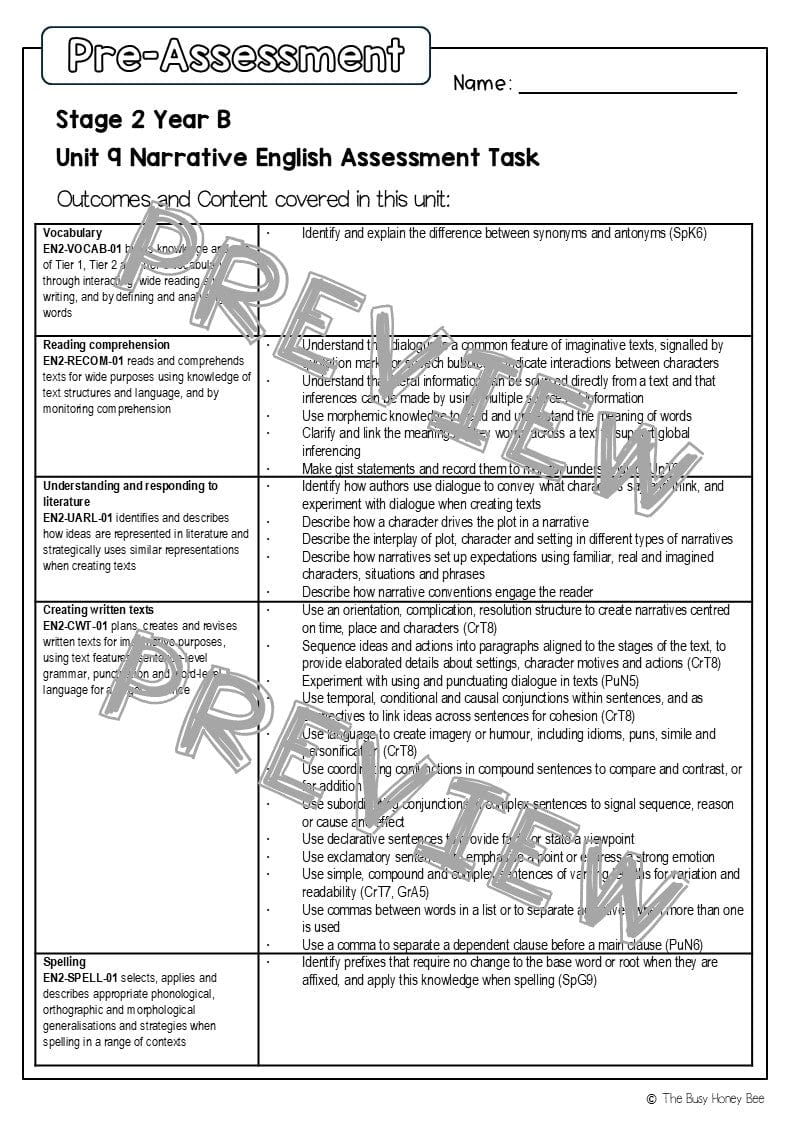 Stage 2 Year B English Pre- and Post-Assessment Unit 9 Narrative - Assessment