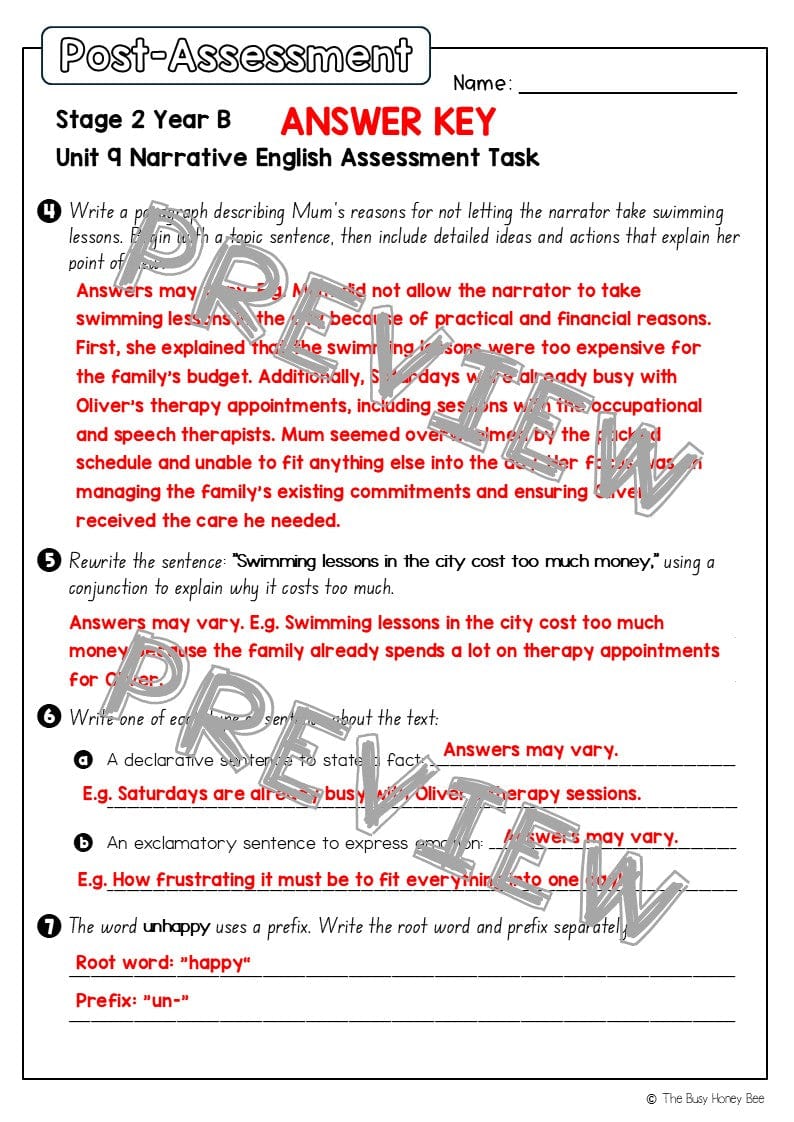 Stage 2 Year B English Pre- and Post-Assessment Unit 9 Narrative - Assessment