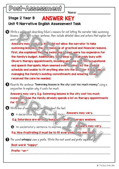 Stage 2 Year B English Pre- and Post-Assessment Unit 9 Narrative - Assessment