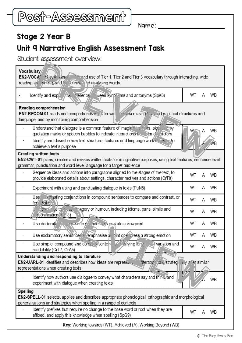 Stage 2 Year B English Pre- and Post-Assessment Unit 9 Narrative - Assessment