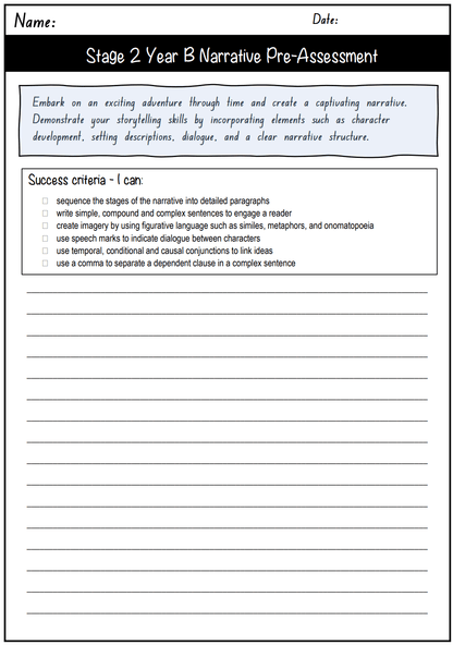 Stage 2 Year B Unit 9 Narrative Writing Pre-Assessment - Assessment