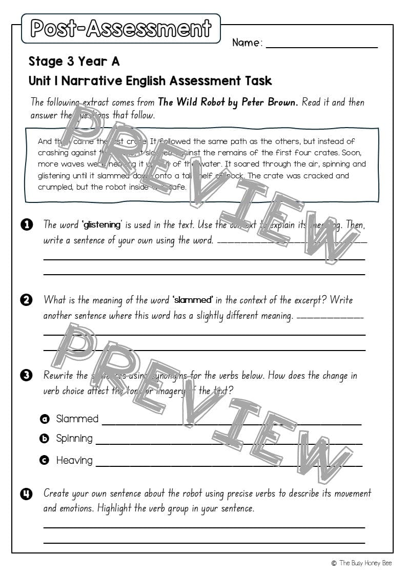 Stage 3 Year A English Pre- and Post-Assessment Unit 1 Narrative - Assessment