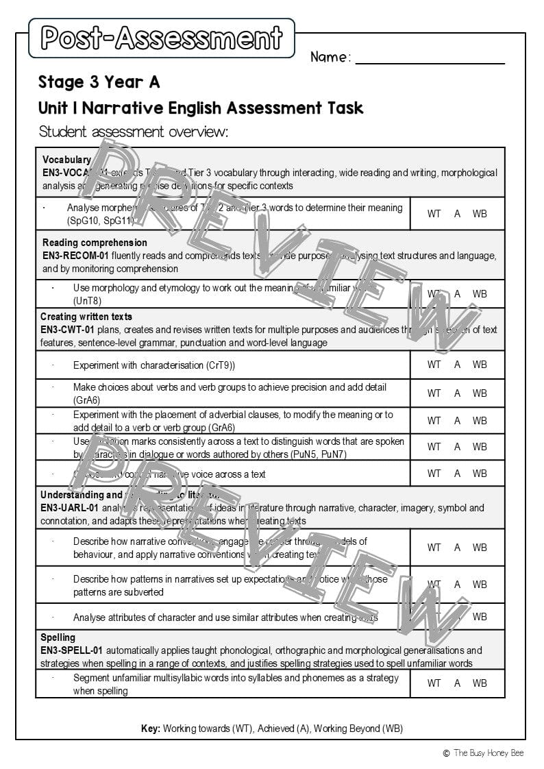 Stage 3 Year A English Pre- and Post-Assessment Unit 1 Narrative - Assessment