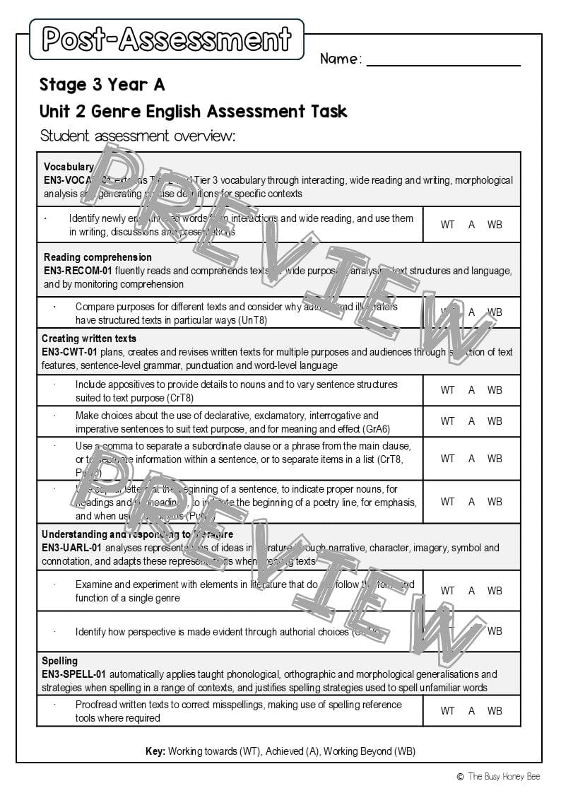 Stage 3 Year A English Pre- and Post-Assessment Unit 2 Genre - Assessment