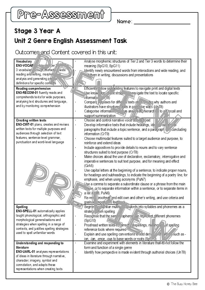 Stage 3 Year A English Pre- and Post-Assessment Unit 2 Genre - Assessment