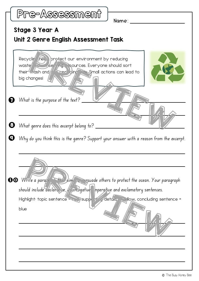 Stage 3 Year A English Pre- and Post-Assessment Unit 2 Genre - Assessment