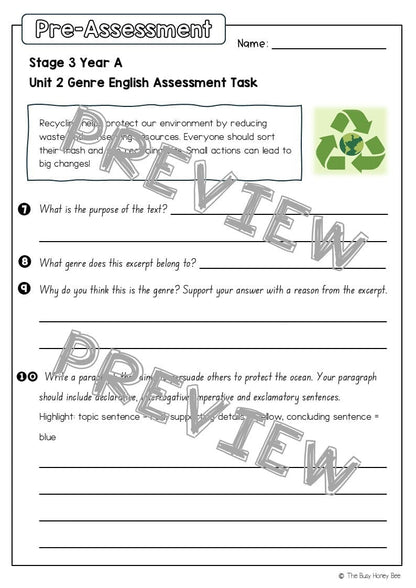 Stage 3 Year A English Pre- and Post-Assessment Unit 2 Genre - Assessment