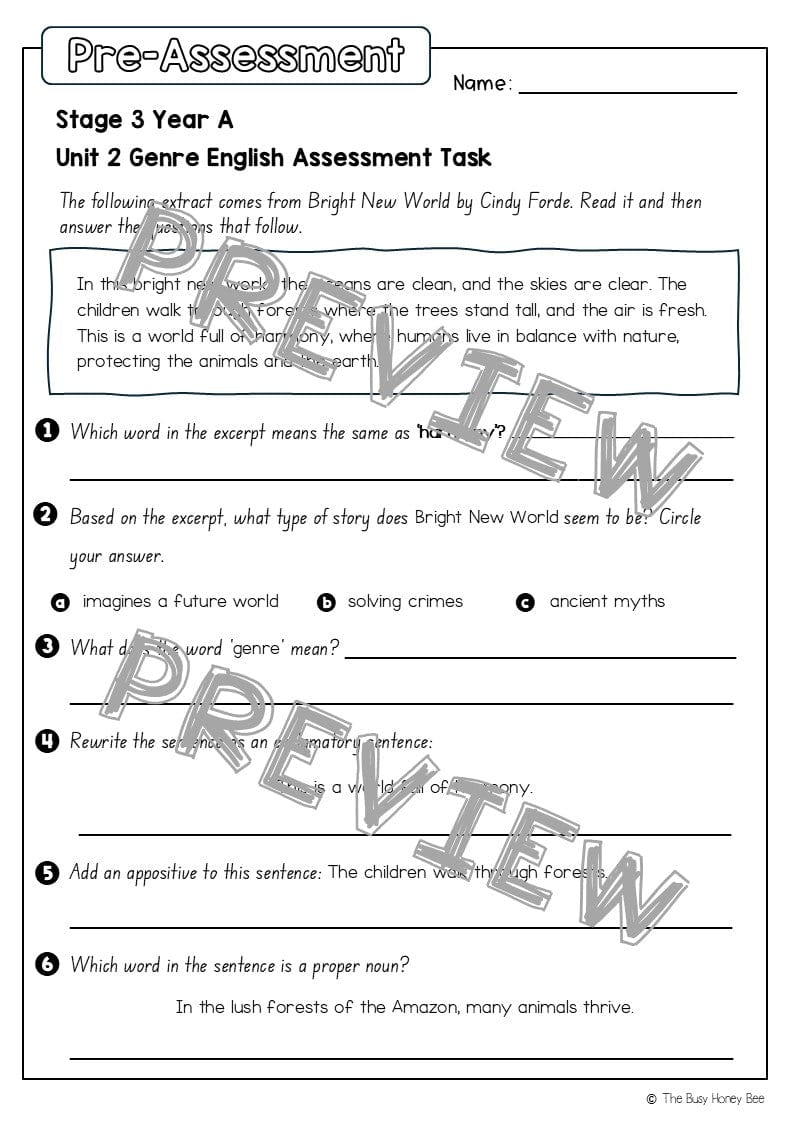 Stage 3 Year A English Pre- and Post-Assessment Unit 2 Genre - Assessment