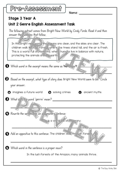 Stage 3 Year A English Pre- and Post-Assessment Unit 2 Genre - Assessment