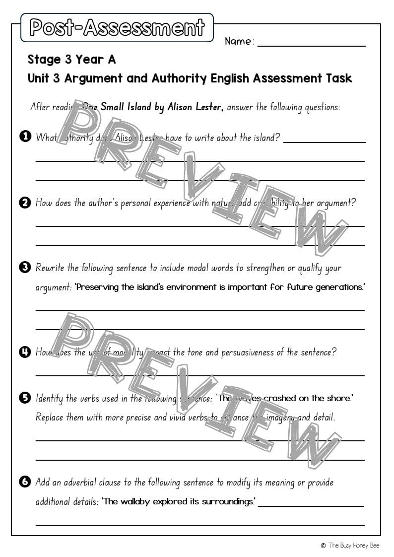 Stage 3 Year A English Pre- and Post-Assessment Unit 3 Argument and Authority - Assessment