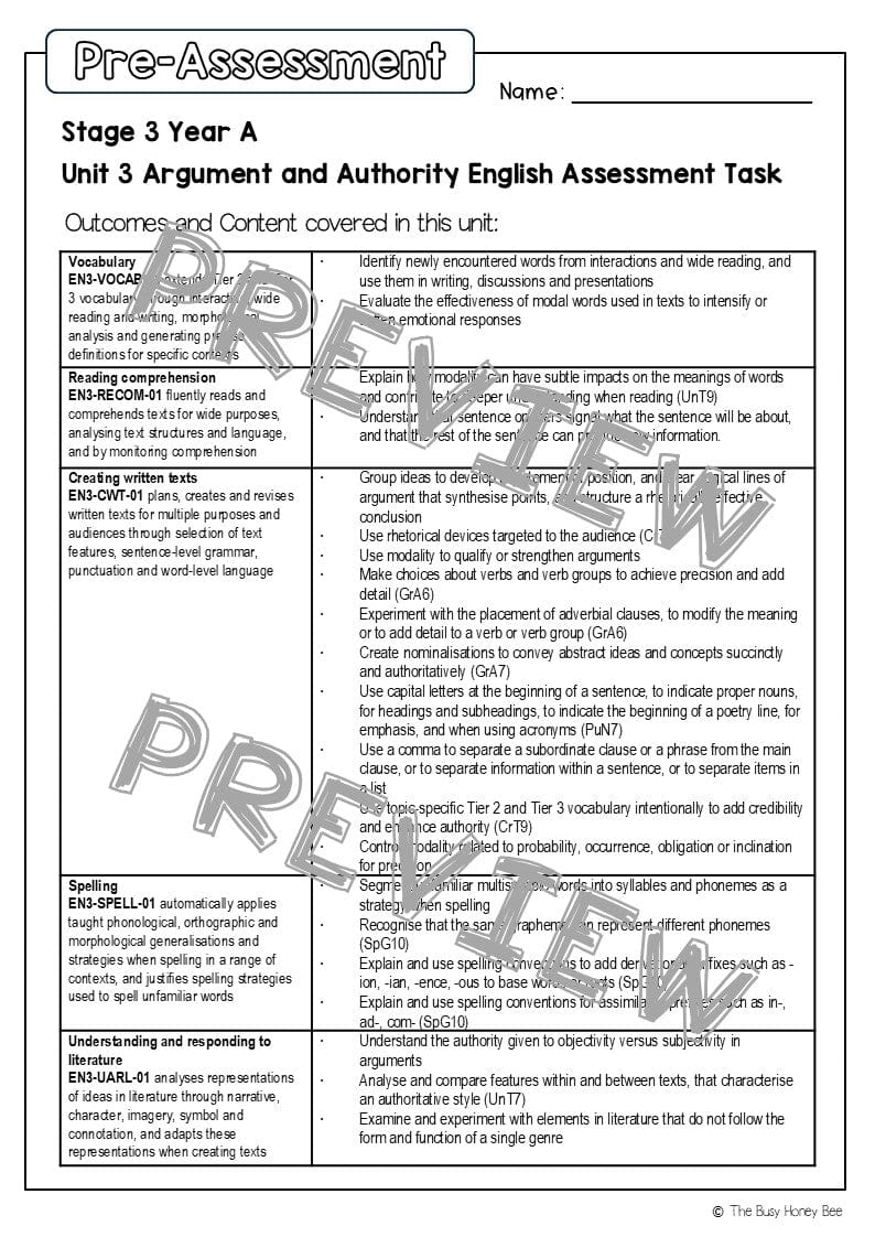 Stage 3 Year A English Pre- and Post-Assessment Unit 3 Argument and Authority - Assessment