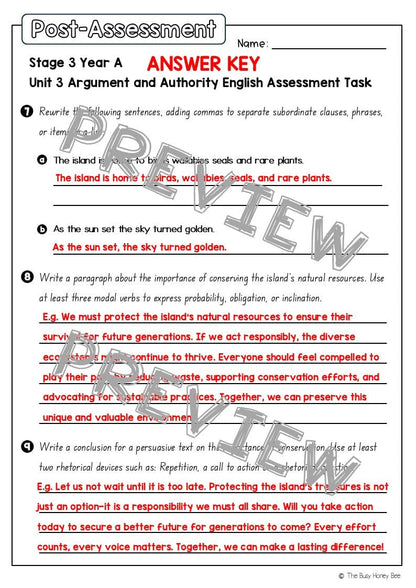 Stage 3 Year A English Pre- and Post-Assessment Unit 3 Argument and Authority - Assessment