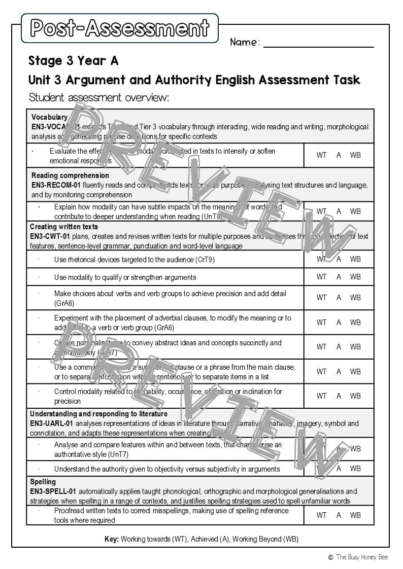 Stage 3 Year A English Pre- and Post-Assessment Unit 3 Argument and Authority - Assessment