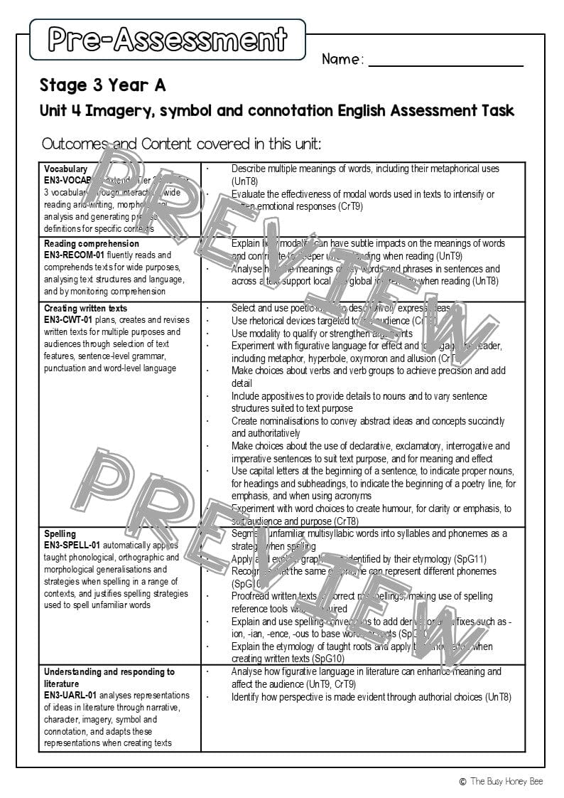 Stage 3 Year A English Pre- and Post-Assessment Unit 4 Imagery, symbol and connotation - Assessment