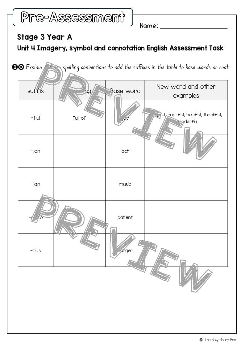 Stage 3 Year A English Pre- and Post-Assessment Unit 4 Imagery, symbol and connotation - Assessment