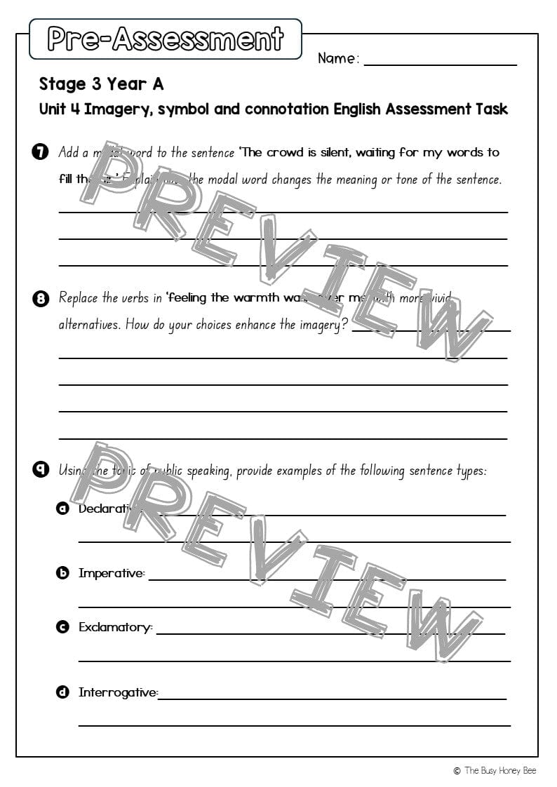 Stage 3 Year A English Pre- and Post-Assessment Unit 4 Imagery, symbol and connotation - Assessment
