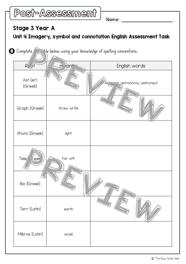 Stage 3 Year A English Pre- and Post-Assessment Unit 4 Imagery, symbol and connotation - Assessment