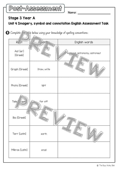 Stage 3 Year A English Pre- and Post-Assessment Unit 4 Imagery, symbol and connotation - Assessment