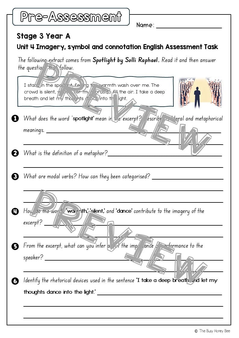 Stage 3 Year A English Pre- and Post-Assessment Unit 4 Imagery, symbol and connotation - Assessment
