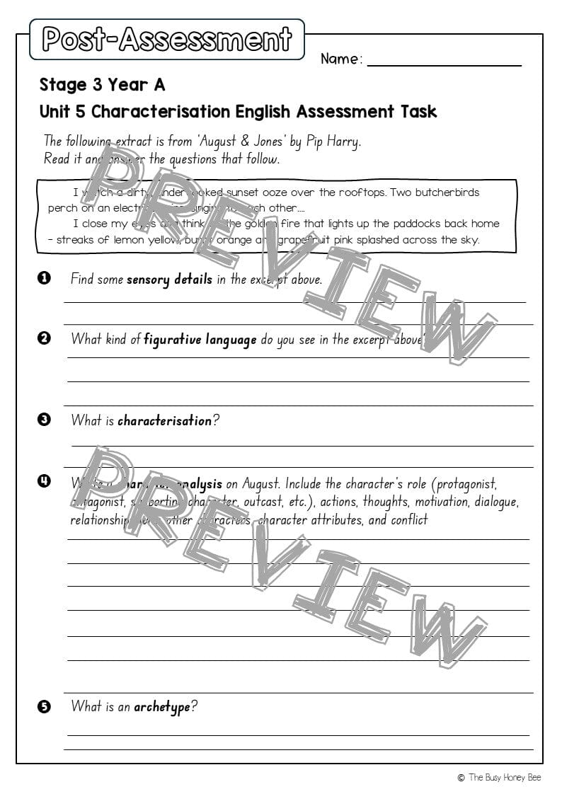 Stage 3 Year A English Pre- and Post-Assessment Unit 5 Characterisation -