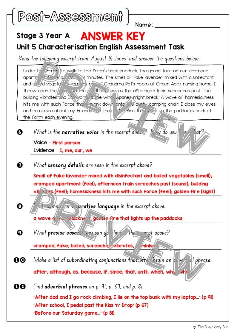 Stage 3 Year A English Pre- and Post-Assessment Unit 5 Characterisation -