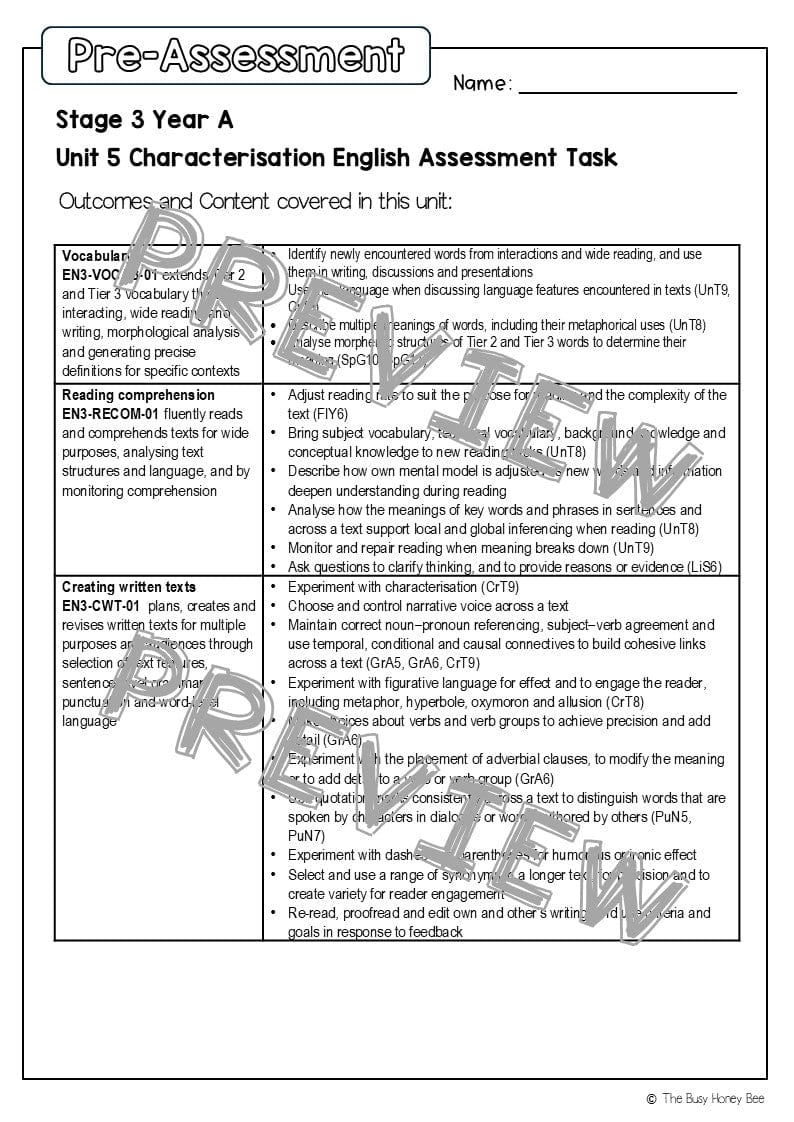 Stage 3 Year A English Pre- and Post-Assessment Unit 5 Characterisation -