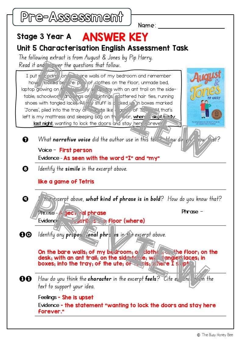 Stage 3 Year A English Pre- and Post-Assessment Unit 5 Characterisation -
