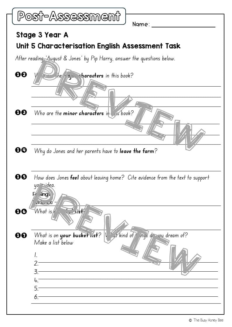 Stage 3 Year A English Pre- and Post-Assessment Unit 5 Characterisation -