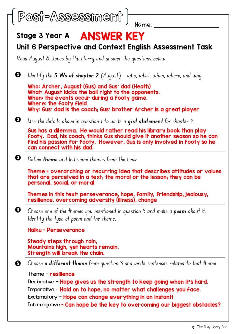 Stage 3 Year A English Pre- and Post-Assessment Unit 6 Perspective and context -
