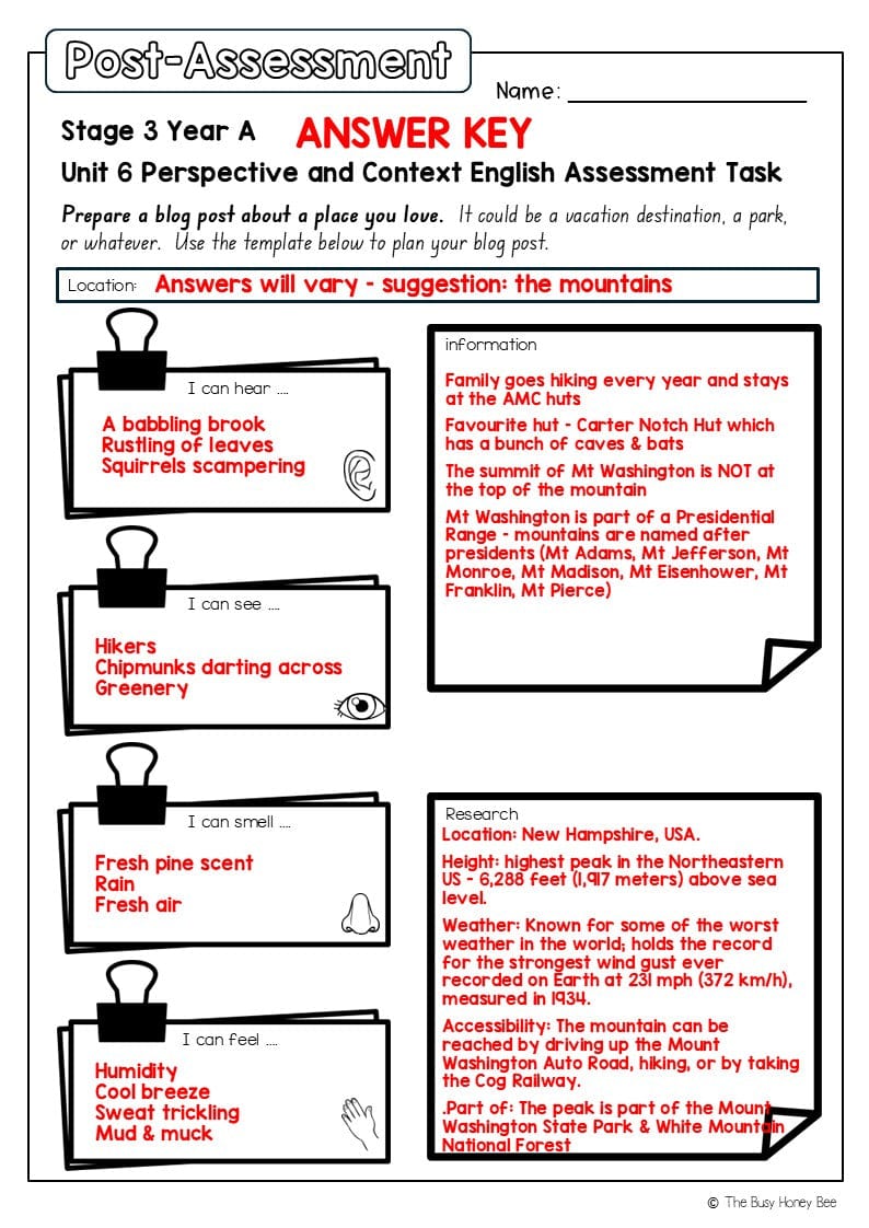 Stage 3 Year A English Pre- and Post-Assessment Unit 6 Perspective and context -