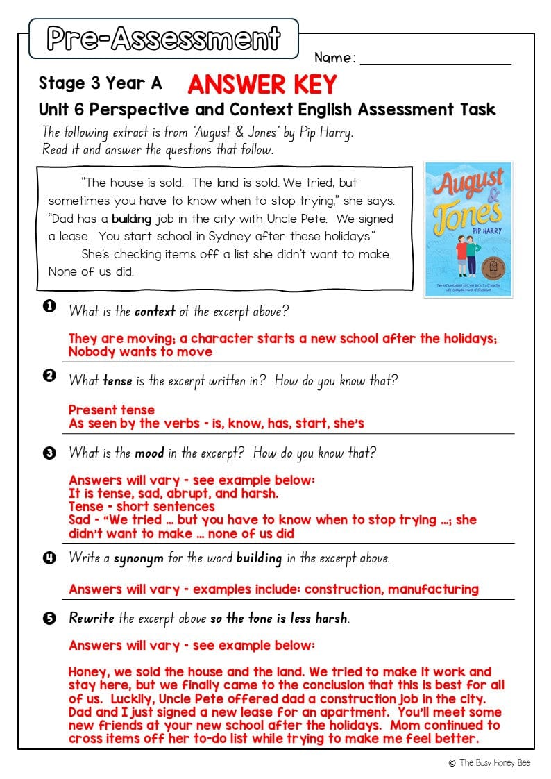 Stage 3 Year A English Pre- and Post-Assessment Unit 6 Perspective and context -
