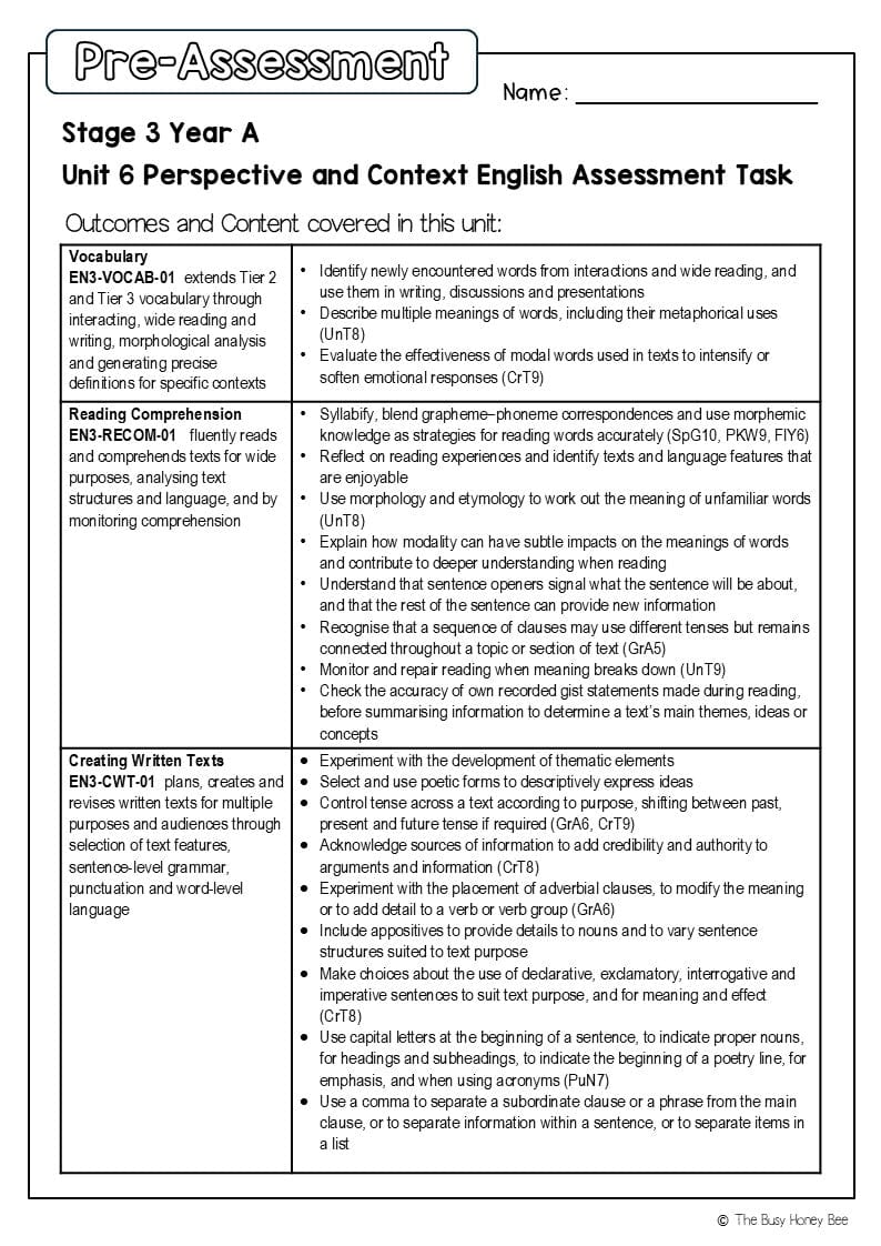 Stage 3 Year A English Pre- and Post-Assessment Unit 6 Perspective and context -