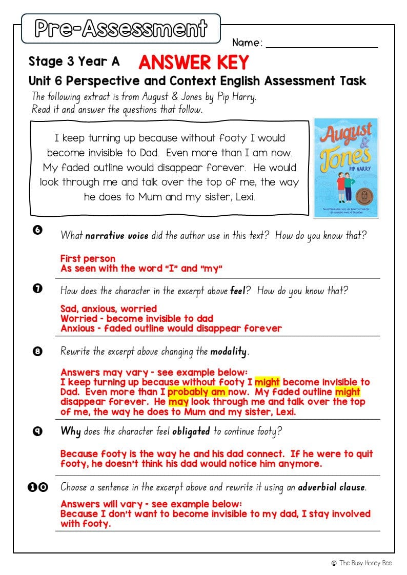 Stage 3 Year A English Pre- and Post-Assessment Unit 6 Perspective and context -