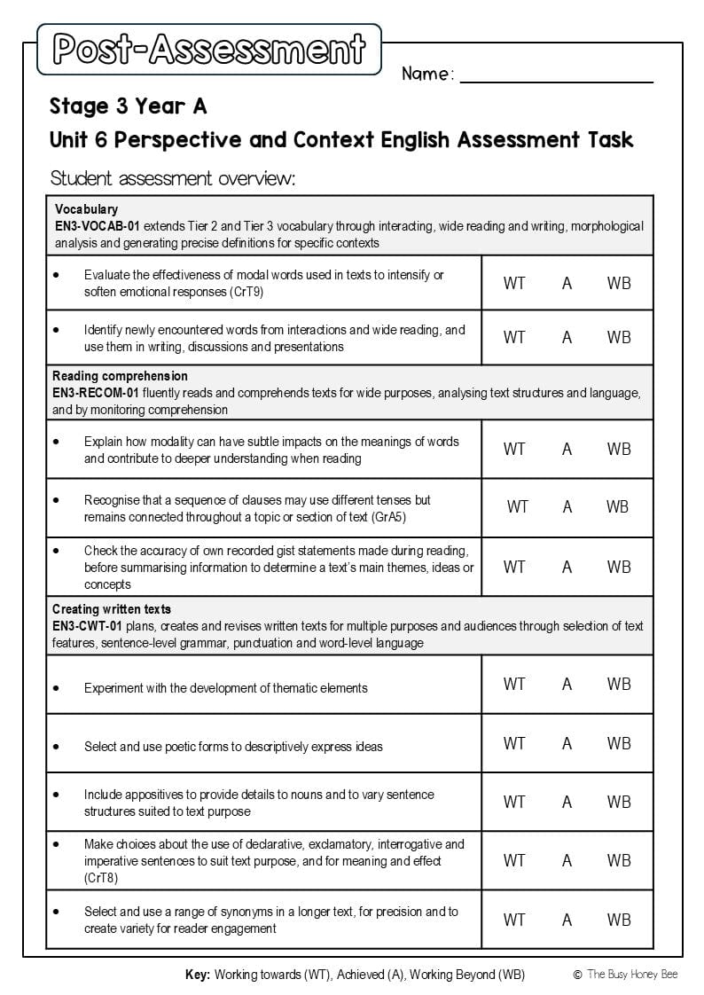 Stage 3 Year A English Pre- and Post-Assessment Unit 6 Perspective and context -
