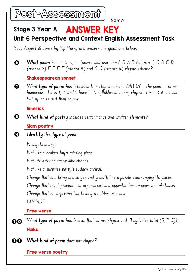 Stage 3 Year A English Pre- and Post-Assessment Unit 6 Perspective and context -