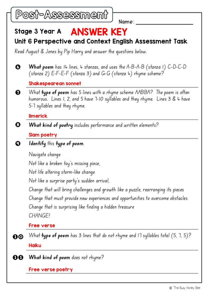 Stage 3 Year A English Pre- and Post-Assessment Unit 6 Perspective and context -
