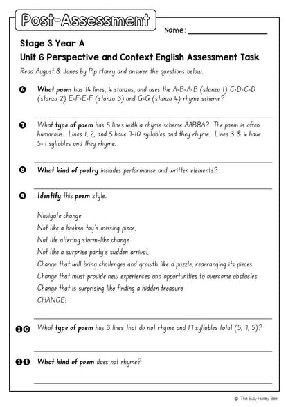 Stage 3 Year A English Pre- and Post-Assessment Unit 6 Perspective and context -