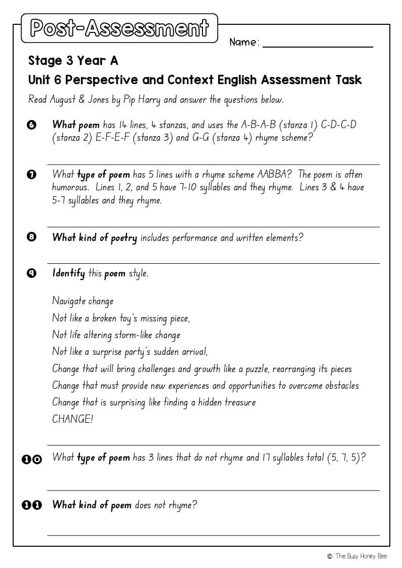 Stage 3 Year A English Pre- and Post-Assessment Unit 6 Perspective and context -
