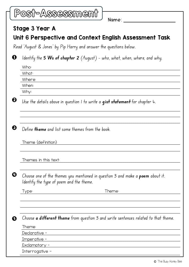 Stage 3 Year A English Pre- and Post-Assessment Unit 6 Perspective and context -