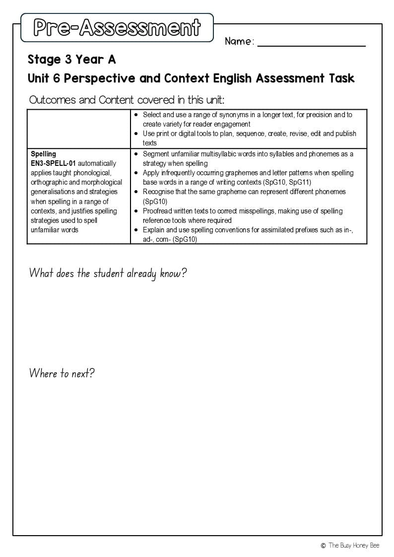 Stage 3 Year A English Pre- and Post-Assessment Unit 6 Perspective and context -