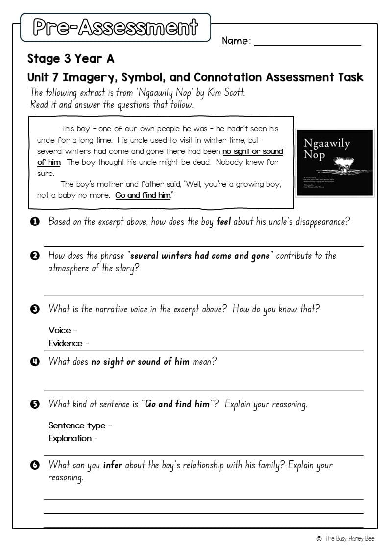 Stage 3 Year A English Pre- and Post-Assessment Unit 7 Imagery, symbol and connotation -
