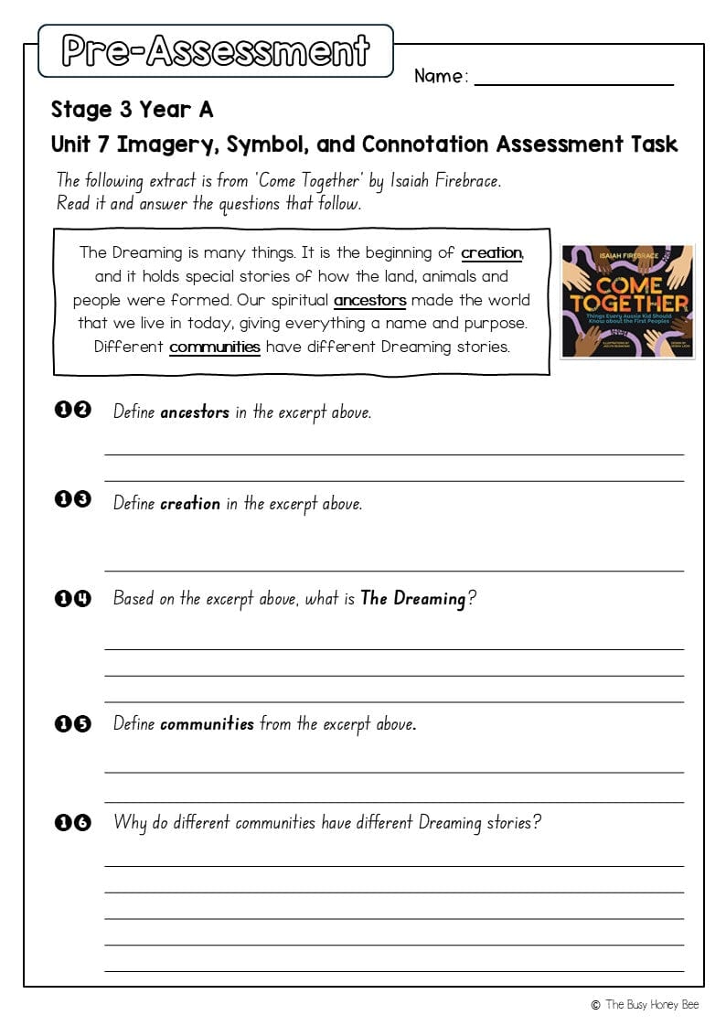 Stage 3 Year A English Pre- and Post-Assessment Unit 7 Imagery, symbol and connotation -