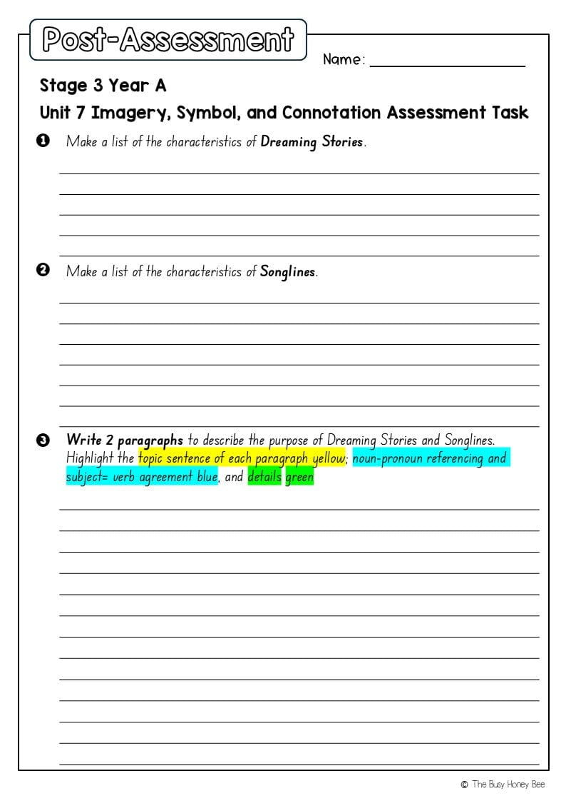 Stage 3 Year A English Pre- and Post-Assessment Unit 7 Imagery, symbol and connotation -