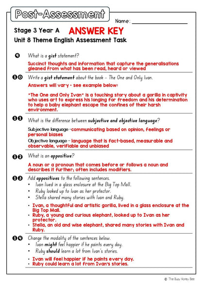 Stage 3 Year A English Pre- and Post-Assessment Unit 8 Theme -