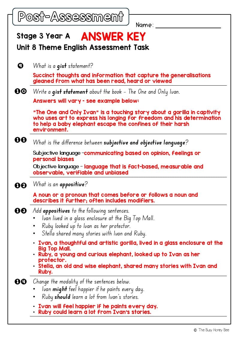 Stage 3 Year A English Pre- and Post-Assessment Unit 8 Theme -