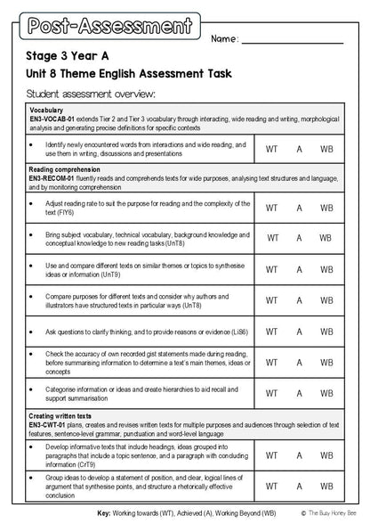 Stage 3 Year A English Pre- and Post-Assessment Unit 8 Theme -